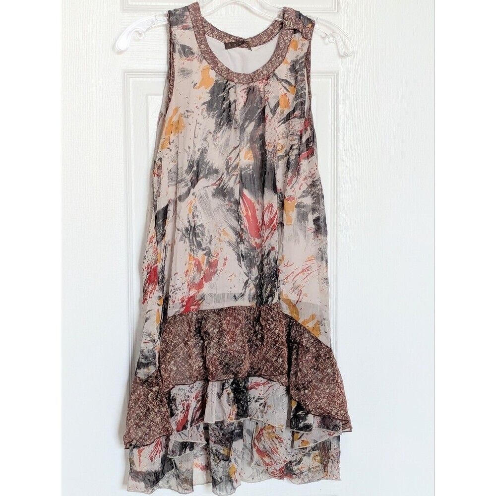 Women's (Medium) Sheer Lined Sleeveless Abstract Print High-Low Mini Dress